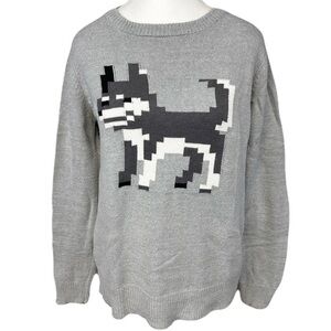 Pixel Dog Pullover Gray Knit Sweater Husky Animal Cotton Blend Large